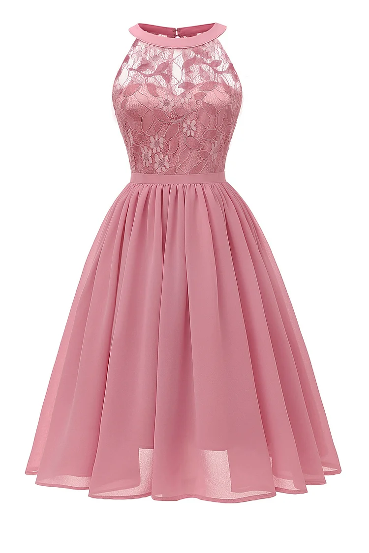 1950s Pink Party Patchwork Lace Chiffon A-line Midi Dress