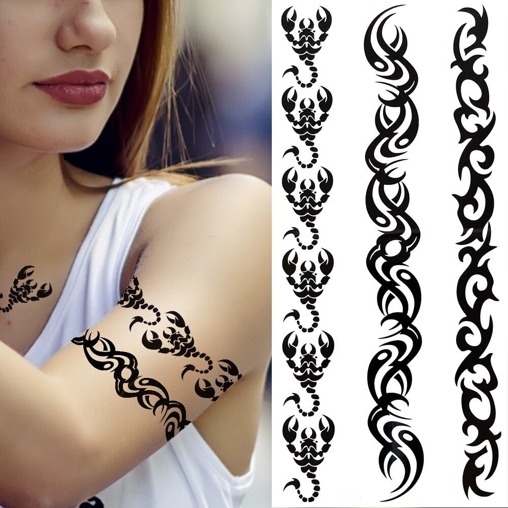 Gingf Bramble Henna Temporary Tattoos For Women Men Adults Black Scorpion Cross Tattoo Sticker Fake Tribal Leg Arm Tatoos Armband