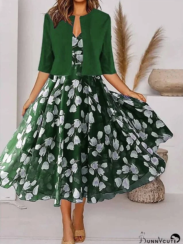 Women's Two Piece Dress Set Casual Dress Chiffon Dress Outdoor Daily Fashion Elegant Print Midi Dress V Neck Half