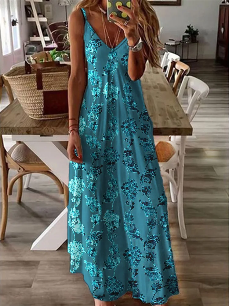 Classy Floral Velvet Art Maxi Cami Dress