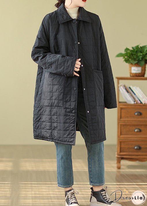 Women Black Pockets Button Patchwork Fine Cotton Filled Coat Winter