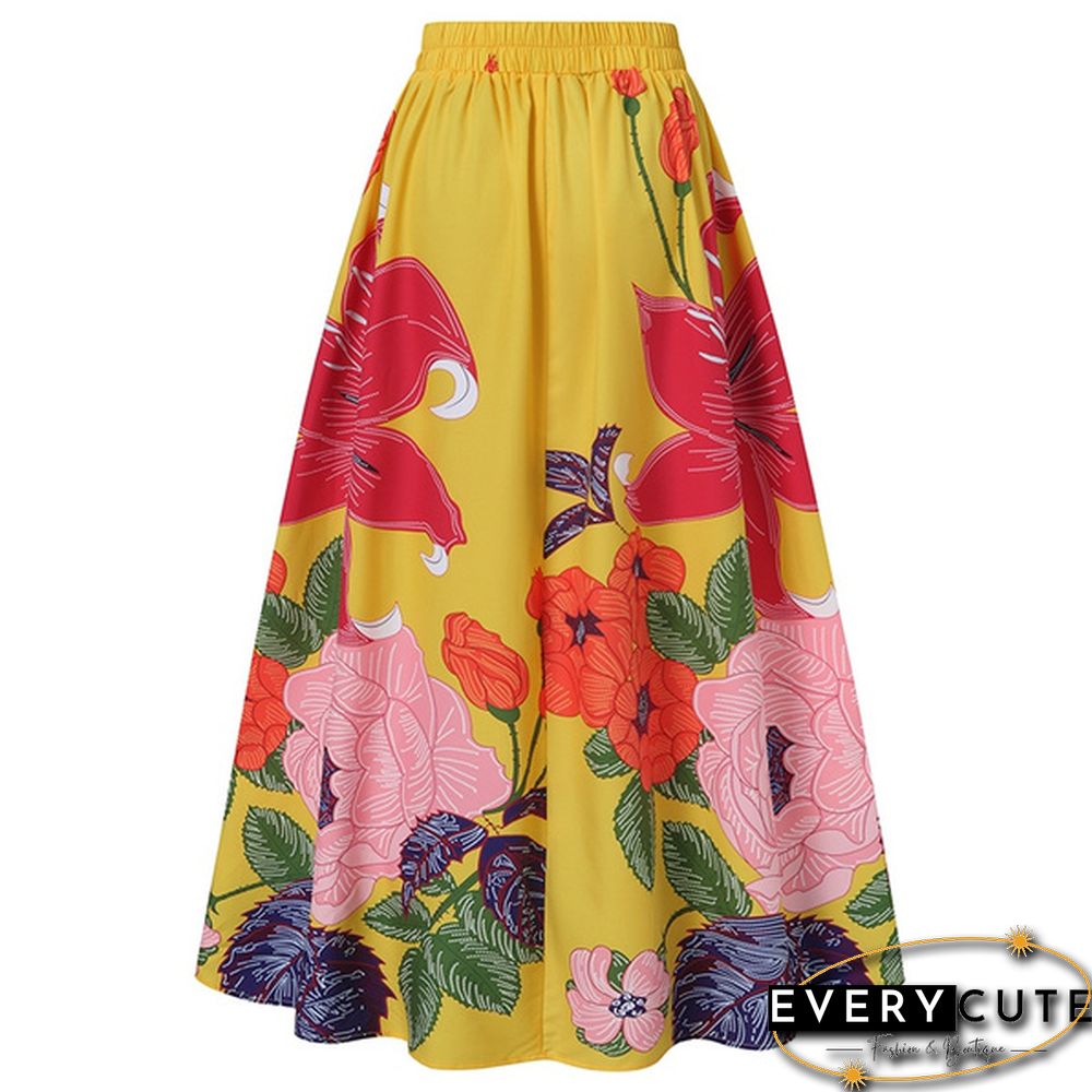 Elegant Elastic High Waist Pockets Umbrella Skirt Women Flower Print Party Maxi Skirts