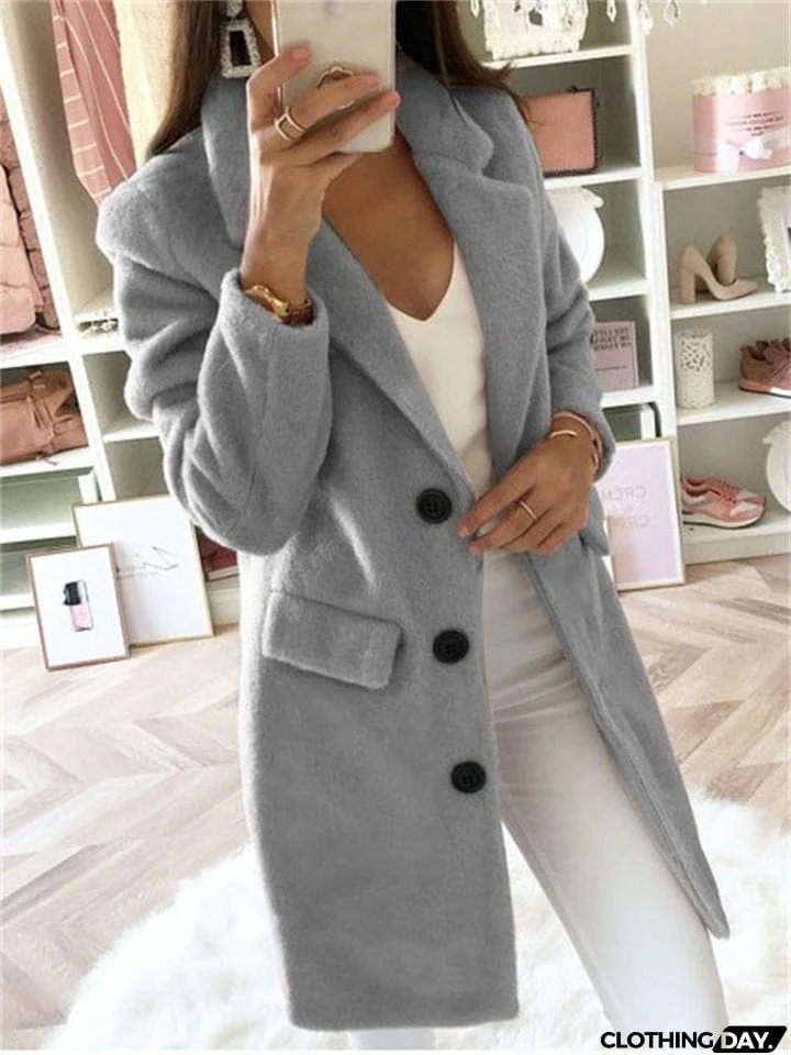 Women's Elegant Lapel Collar Button Up Slim Fit Winter Long Coats