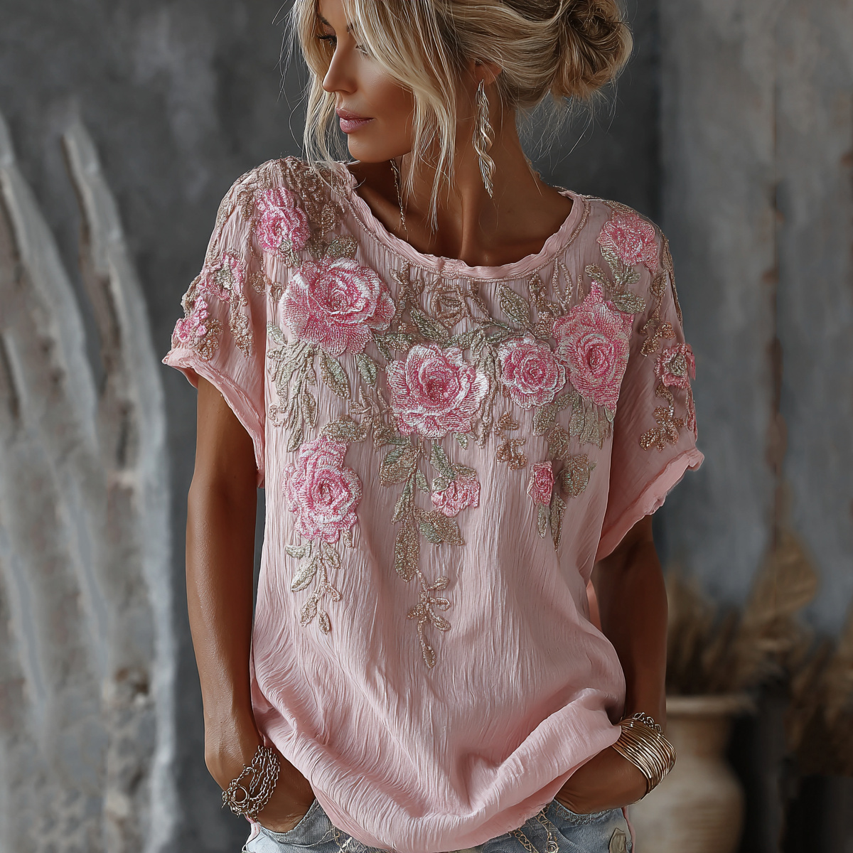 Women's Japanese Floral Print Crew Neck Linen Blend Short  Sleeve T-shirt elevenforest
