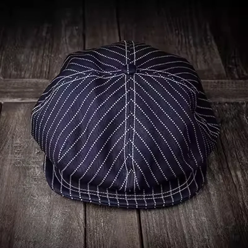 Retro Cotton Blue-Dyed Striped Newsboy Hat