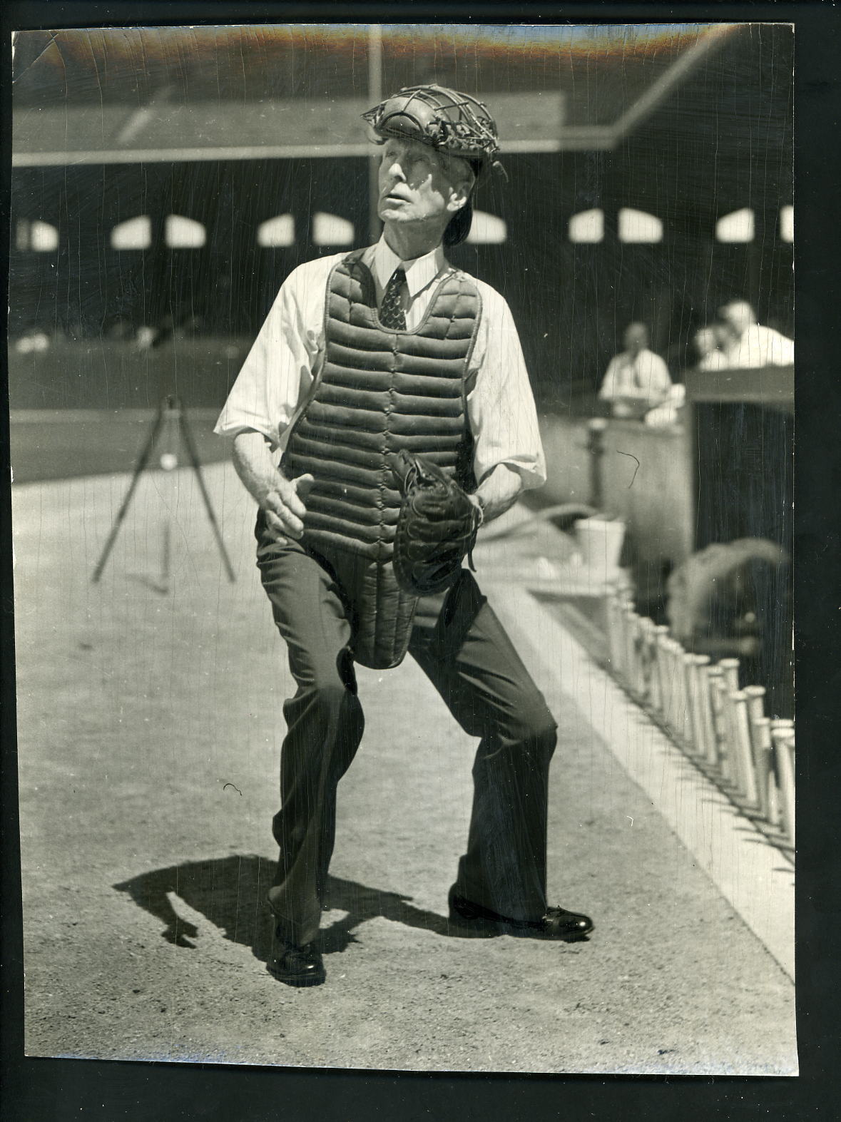 Connie Mack poses in catching gear 1940 Press Wire Photo Poster painting Philadelphia A's