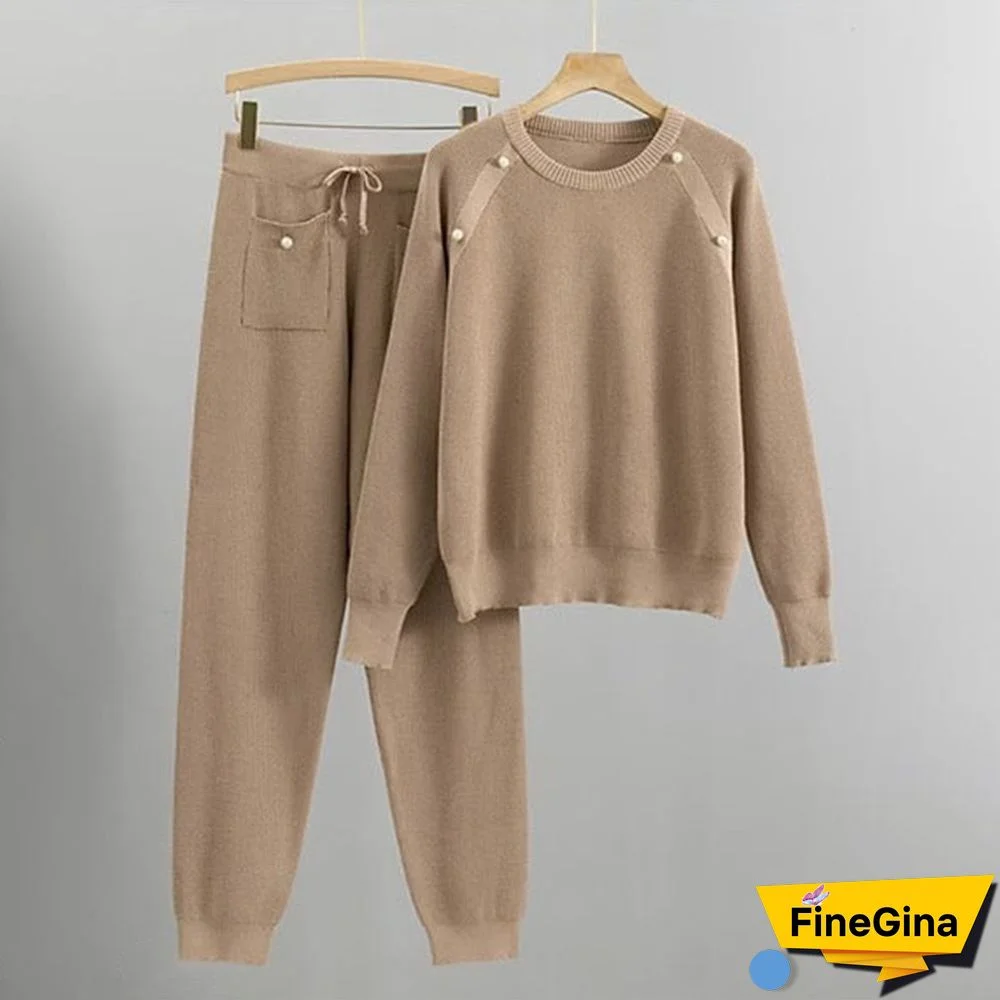 Apricot Long Sleeve Plain Two Piece Set