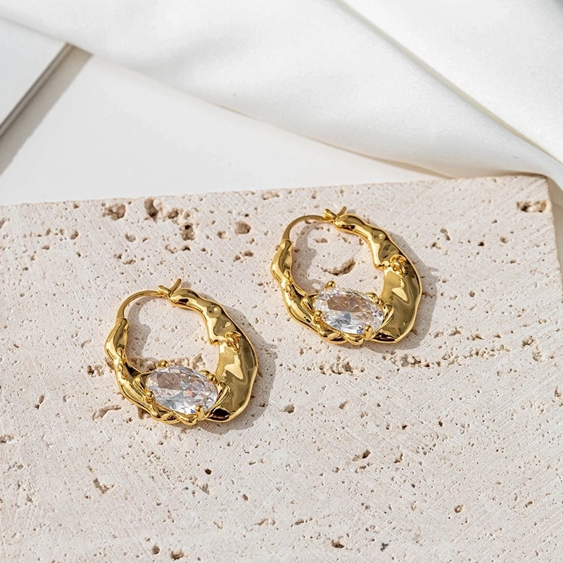 Temperament Zircon Irregular Brass Electroplated Real Gold Ear Buckle Niche High-end Retro French Earrings