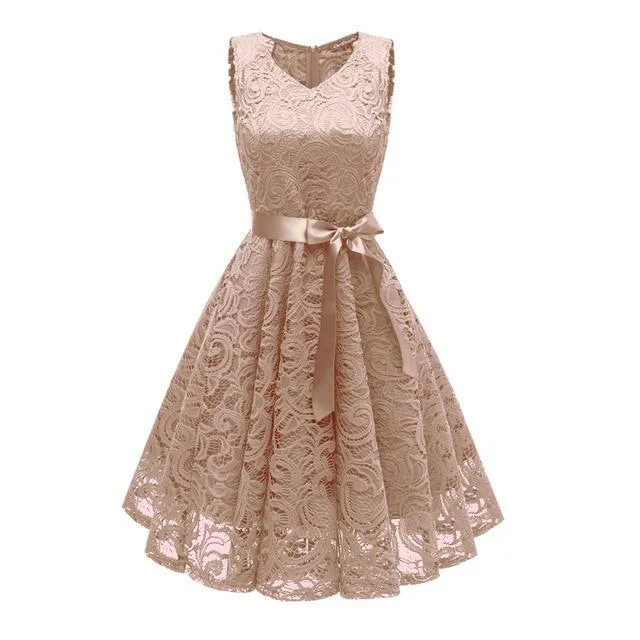 Women Lace Dress V-Neck Belt Sweet Princess Party Dresses