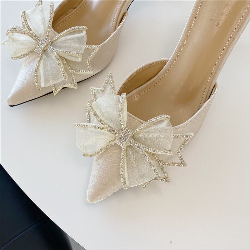 Pointy Water Drill Fine Heel Women's Slippers Bun Bow High Heel Muller Shoe Girl