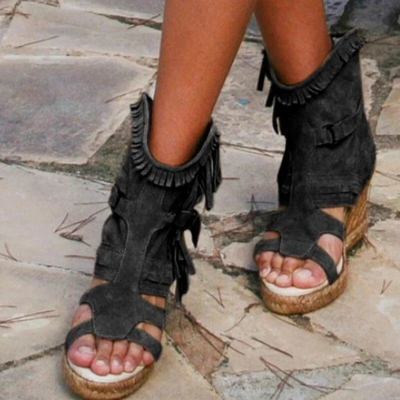 Qengg Ladies Sandals Summer 34-43 plus Size Women's Shoes platform Wedge Tassel Shoes  closed Toe fish mouth Women's Shoes