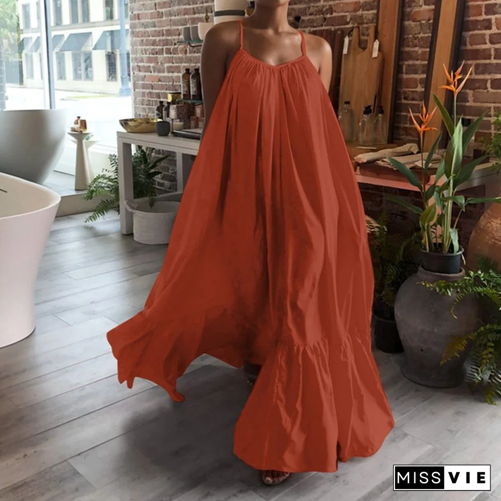 New Women Camisole Oversized Fashion Casual Sleeveless Maxi Dresses Strap Dress Backless Big Swing Floor-Length Robe