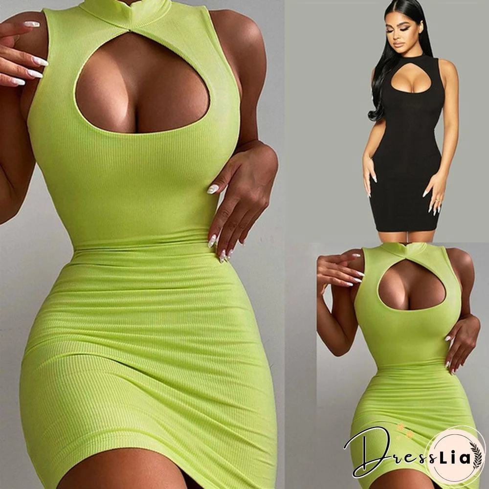 Mini Dress Halter O-Neck Hollow Out Sleeveless Body-con Aesthetic Stunning Hipster Party Sexy Club Wear Dress