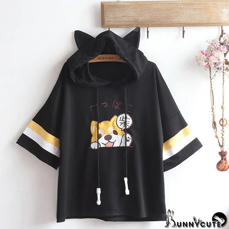 Cartoon Puppy Embroidery Hooded T-Shirt Overalls