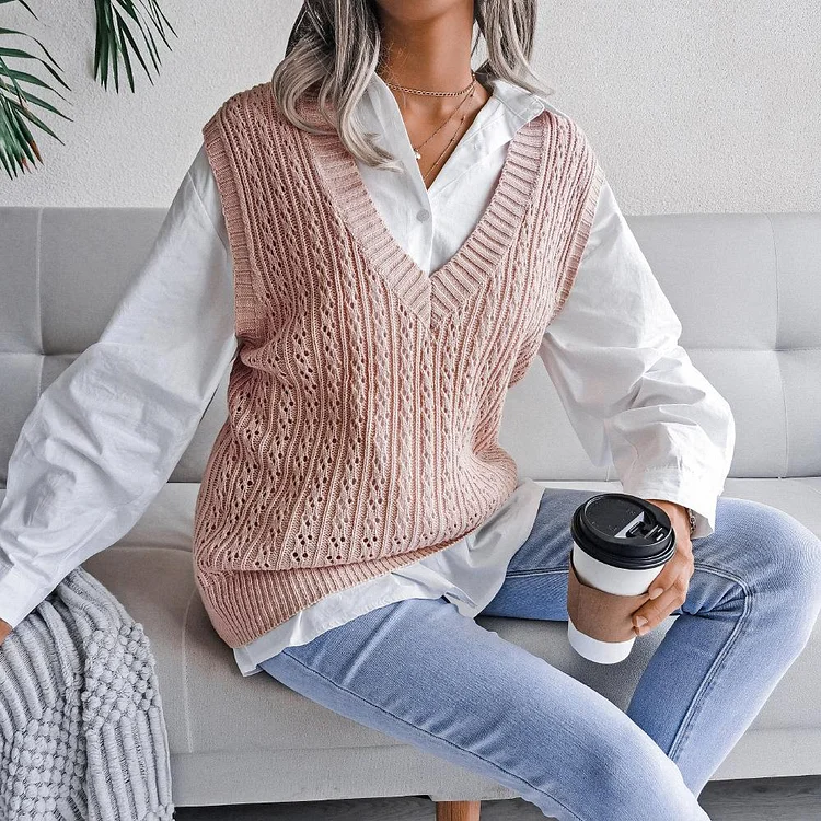 Mayoulove Sweater Vests V-neck Hollow Twist Casual Pullover Sleeveless Knitted Vests-Mayoulove