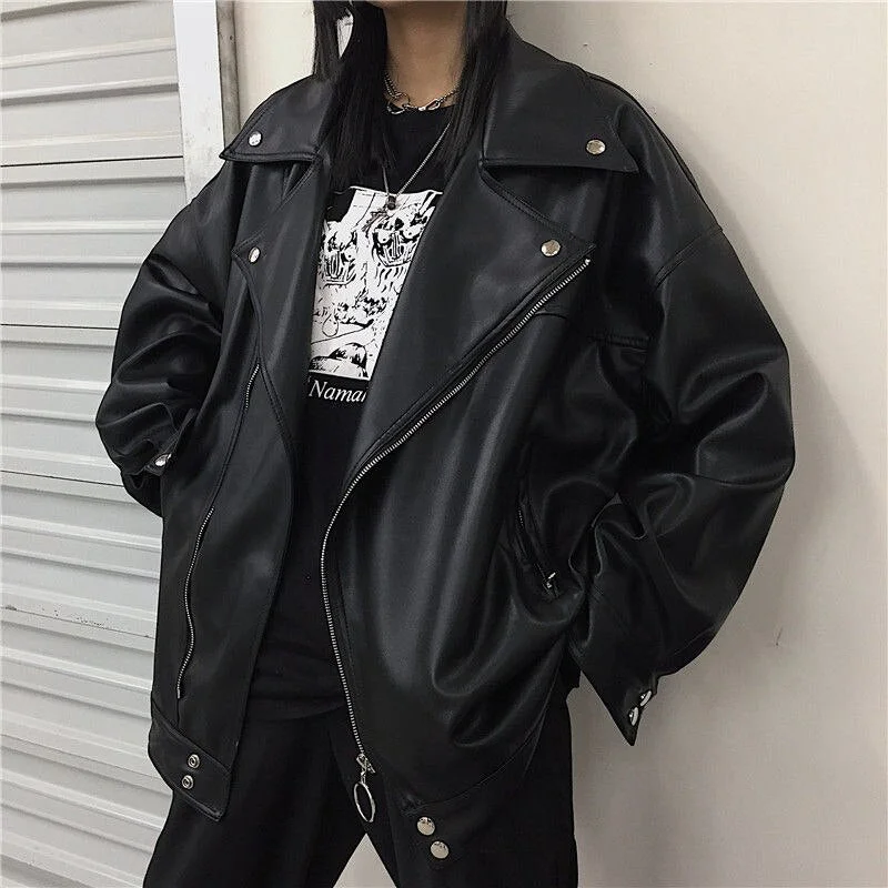 2021 Faux Leather Jacket Women Autumn Winter Casual Zipper Moto Biker Jackets Bf Korean Style Classic Black Leather Jacket Coat