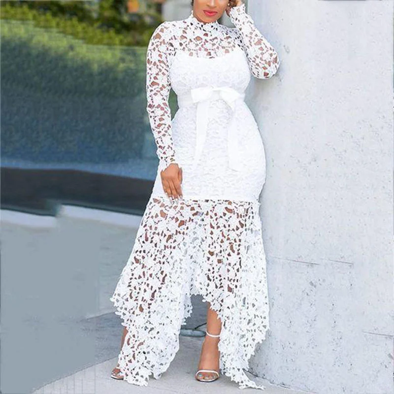 Brownm Brownm New Women's Lace Lace Hollow Long Sleeve Tie 5 Color Irregular Dress