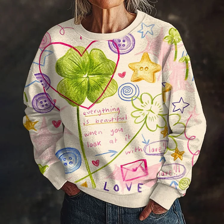 Women's St. Patrick's Day Graffiti Shamrock Print Sweatshirt