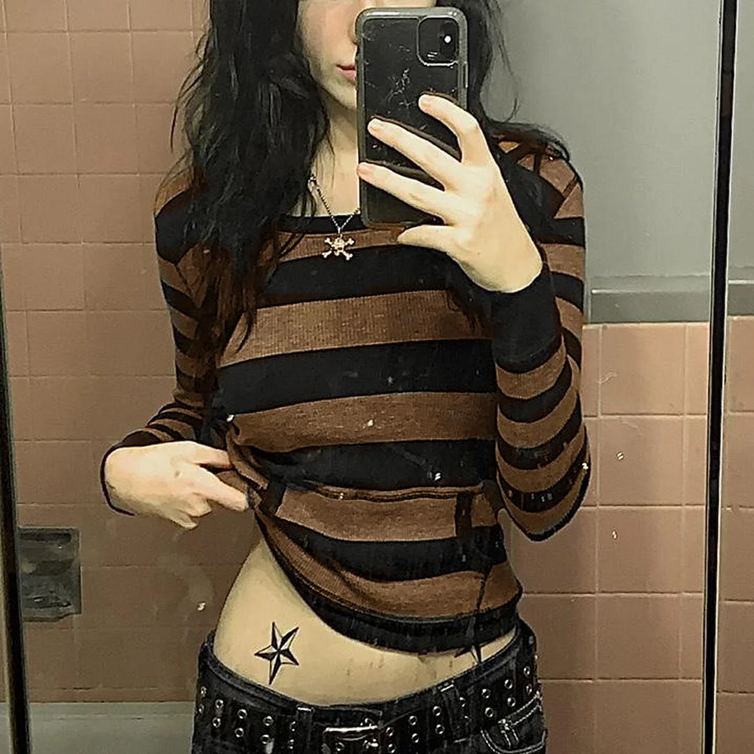 Tawnie 2022 Goth Fairycore Grunge Striped Hooded T Shirt Women Vintage Aesthetic Long Sleeve Tee Tops Y2K Casual Hoodie Tees