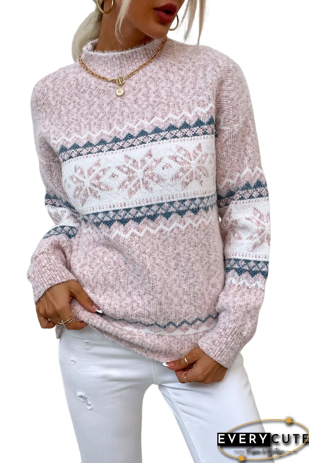 Pink Christmas Snowflake High Neck Sweater