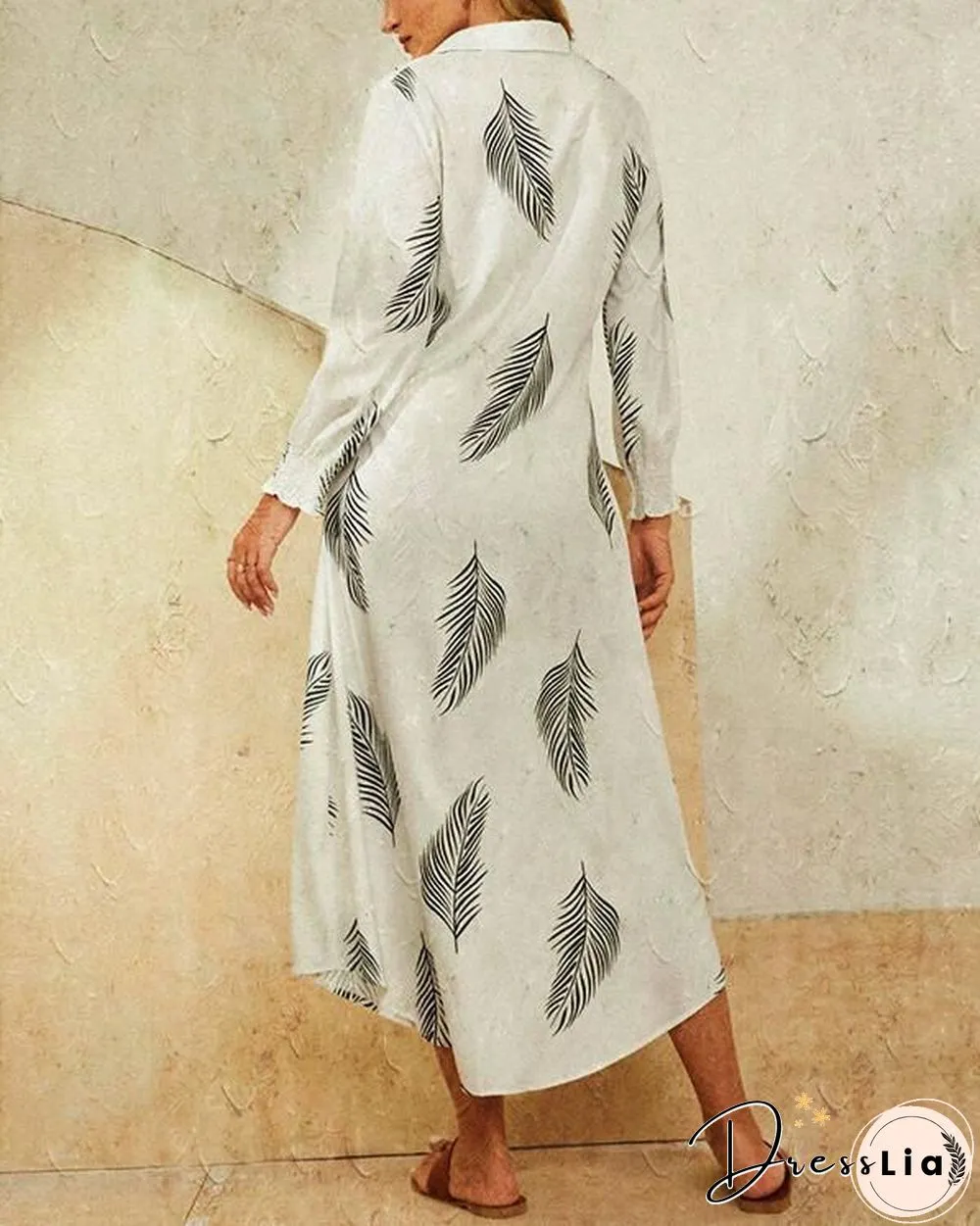 Leaves Print Lapel Button Long Sleeve Maxi Shirt Dress