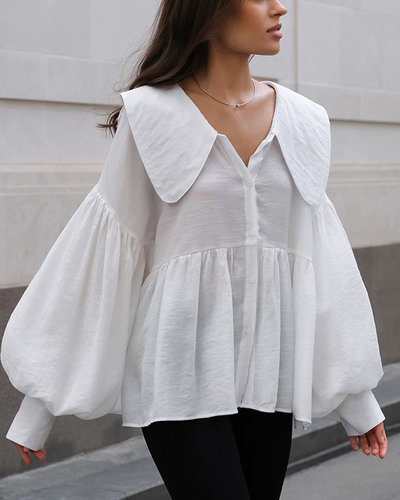 V Neck Puffed Long Sleeve Solid Color Top