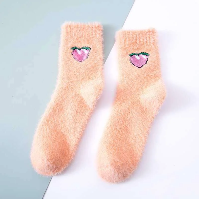 Winter Imitate Mink Velvet Socks Cute Fruit Socks Thicken Warm Women Socks Sleep Socks Girls Home Floor Bedroom Sox Harajuku