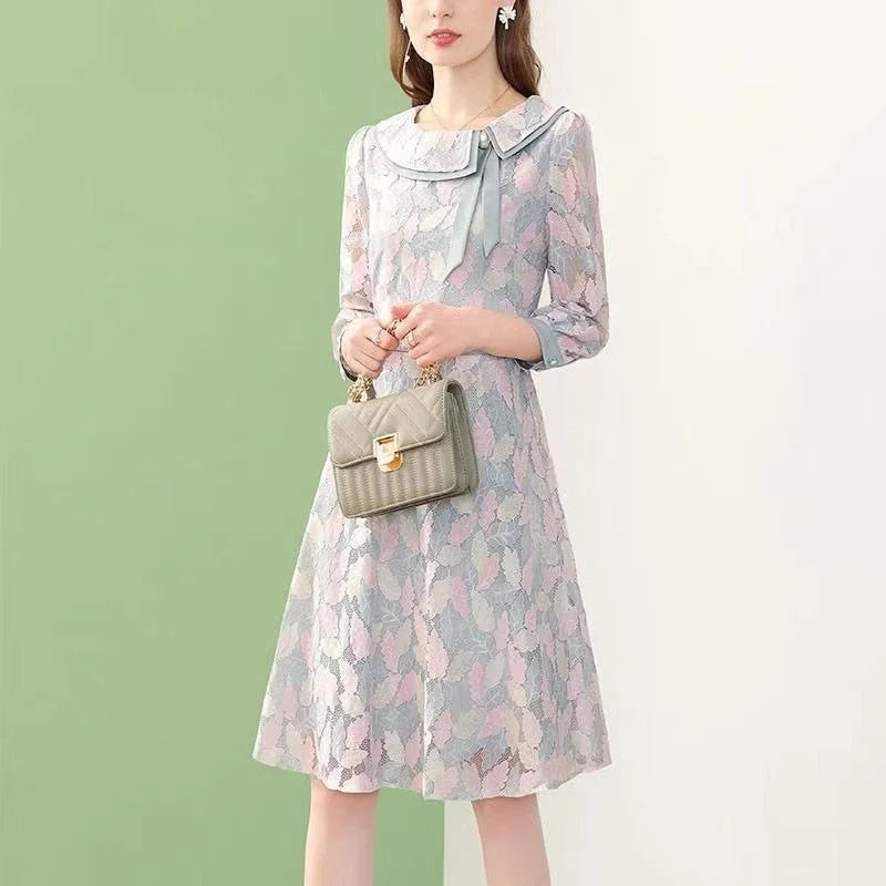 EVNISI Blue Lace Dress French Floral Dress Female 2022 Spring New Women A-line O-neck Sweet Dresses Streetwear Vestidos