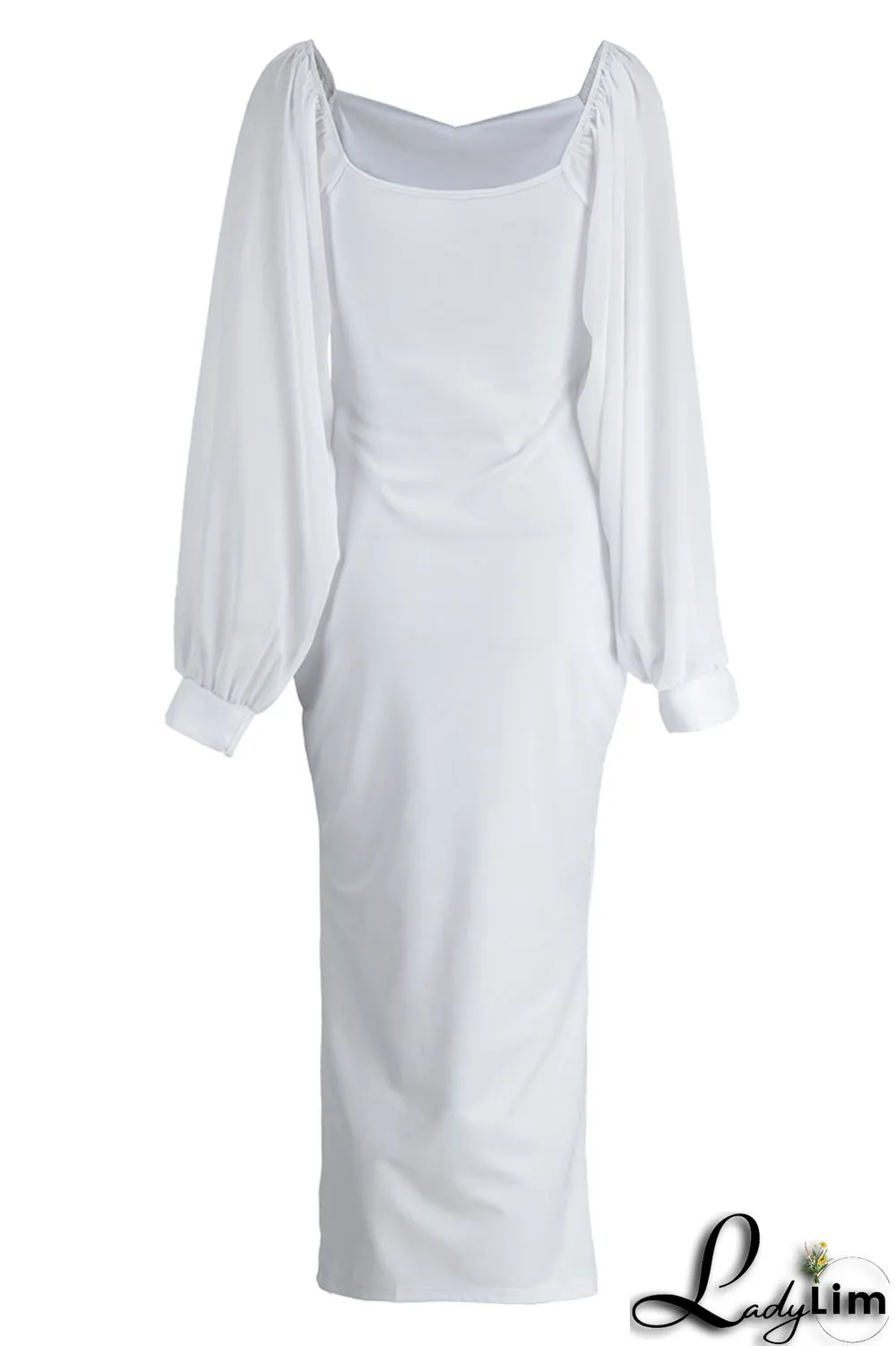 Yellow Fashion Casual Solid Slit Square Collar Long Sleeve Dresses