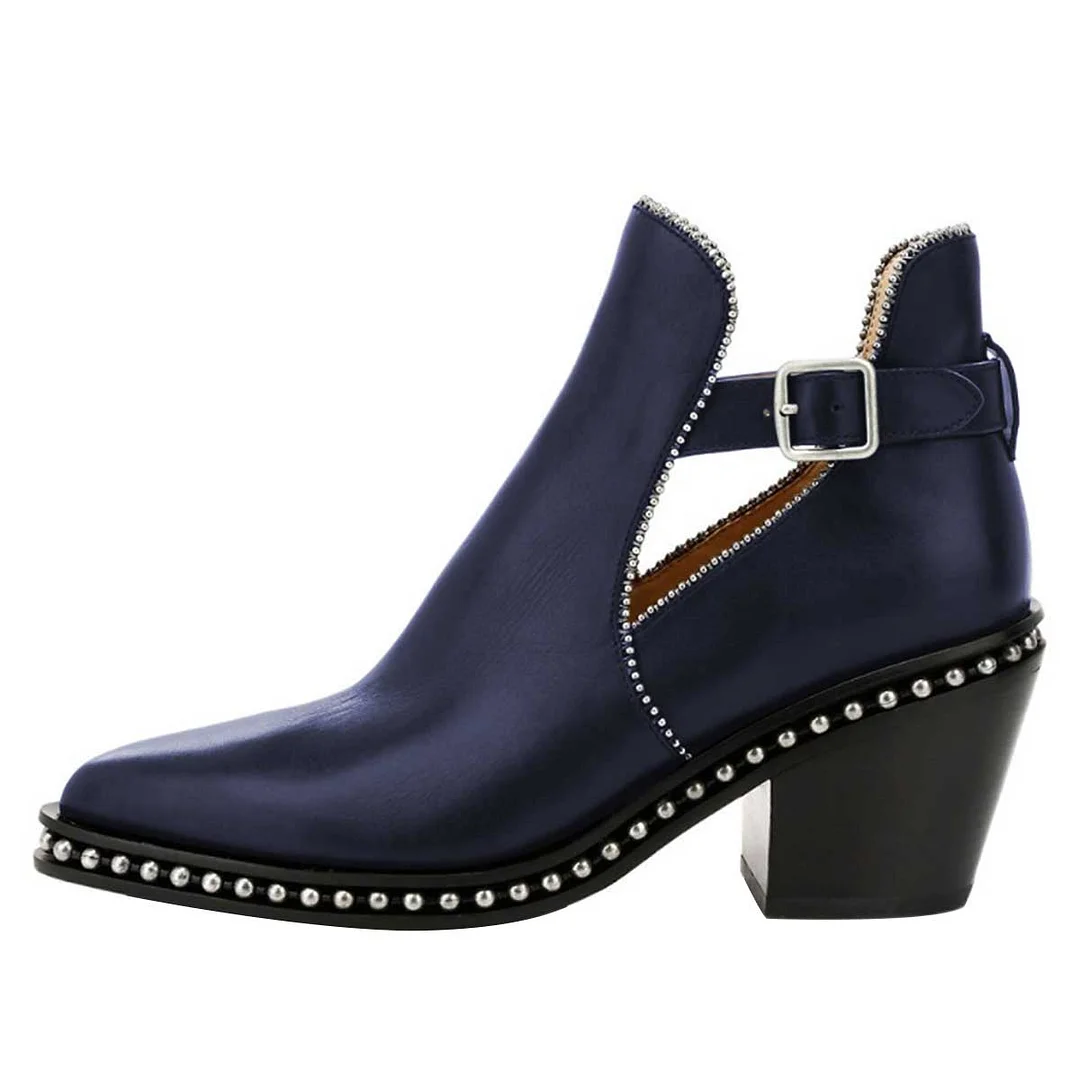 Navy Pointed Toe Ankle Strap Chunky Heel Booties for Women with Studs