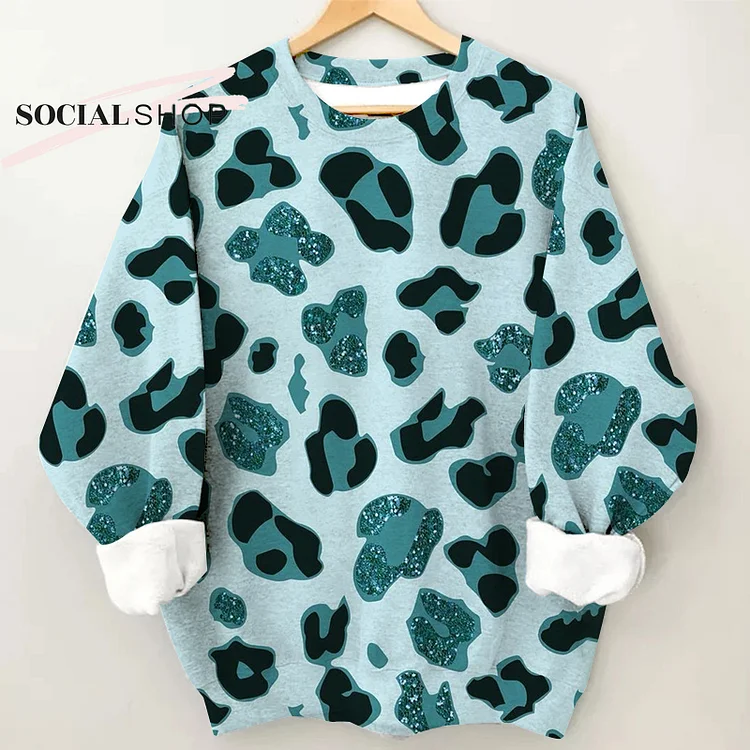 Blue Leopard Bright Color Print Ladies Long Sleeve Round Neck Top socialshop