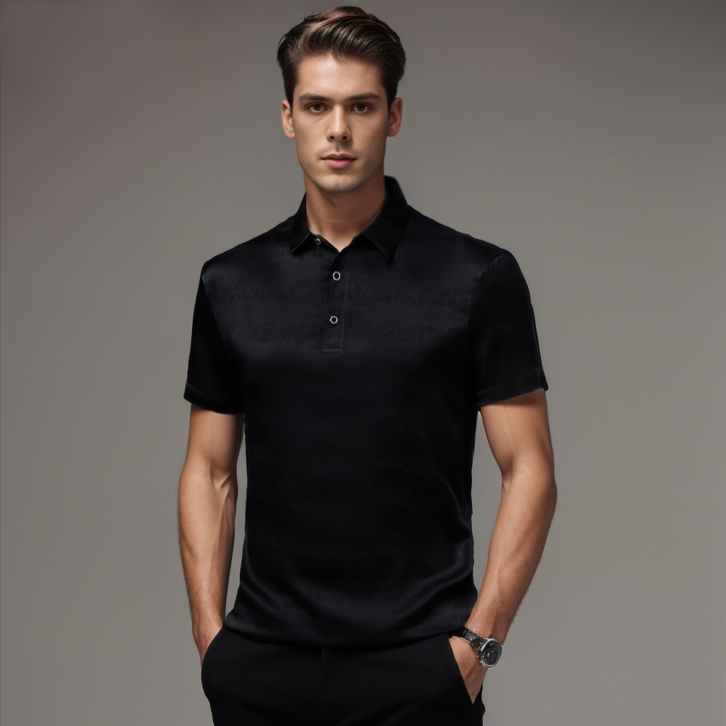 No-Iron Wrinkle-Free Men's Silk Polo Shirt Froral Pattern Style Short Sleeves REAL SILK LIFE