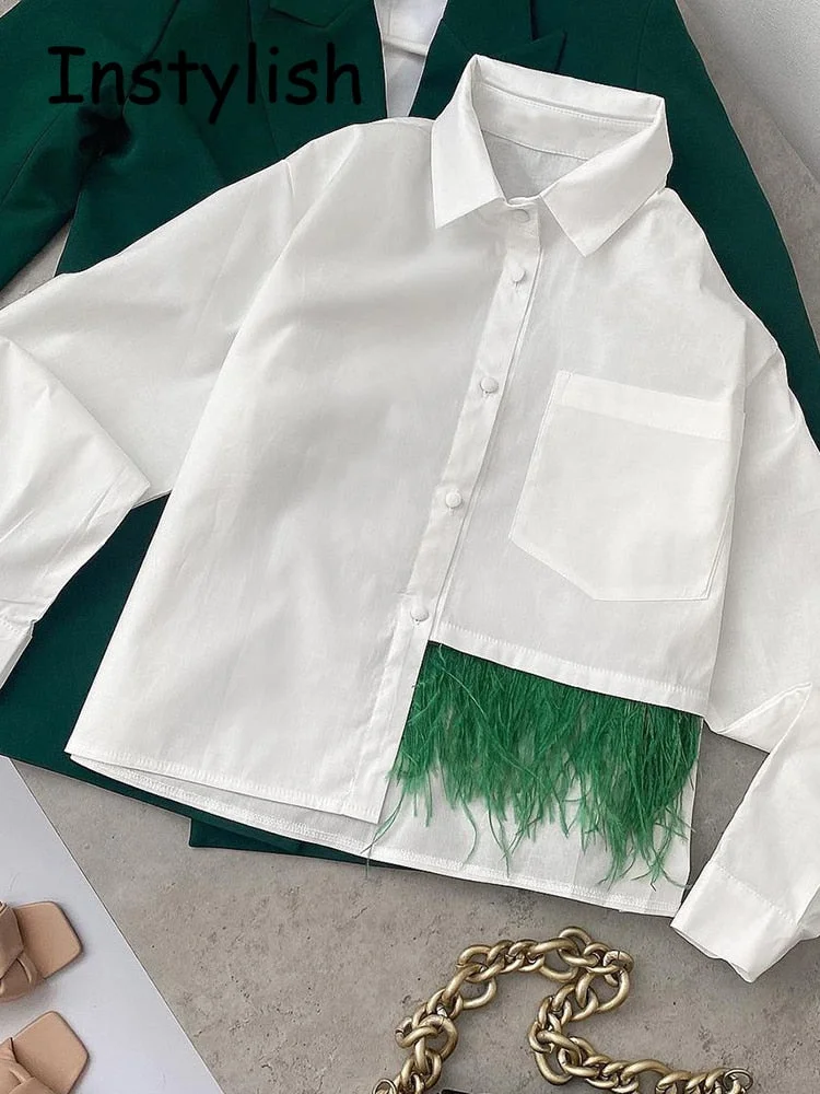 Back to school  Casual Long Sleeve Feather Patchwork White Shirt Women Spring Button Up Lapel Chic Blouse Streetwear Simple Crop Top Oversized