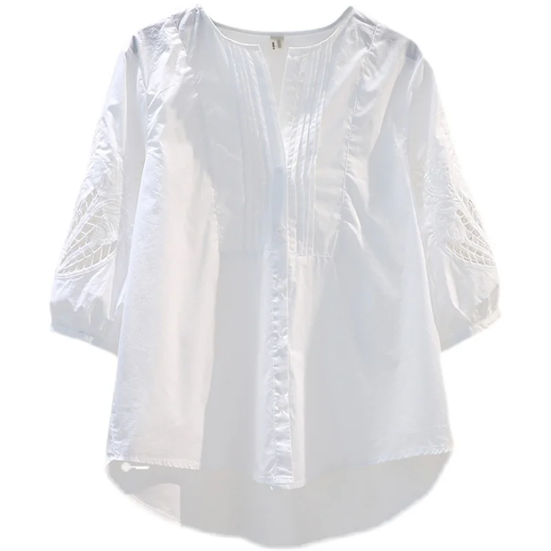 Uveng Uveng Embroidered Seven-Sleeved White Cotton Shirt Women Loose Thin Shirt 2025 Summer Korean Version Of The Top