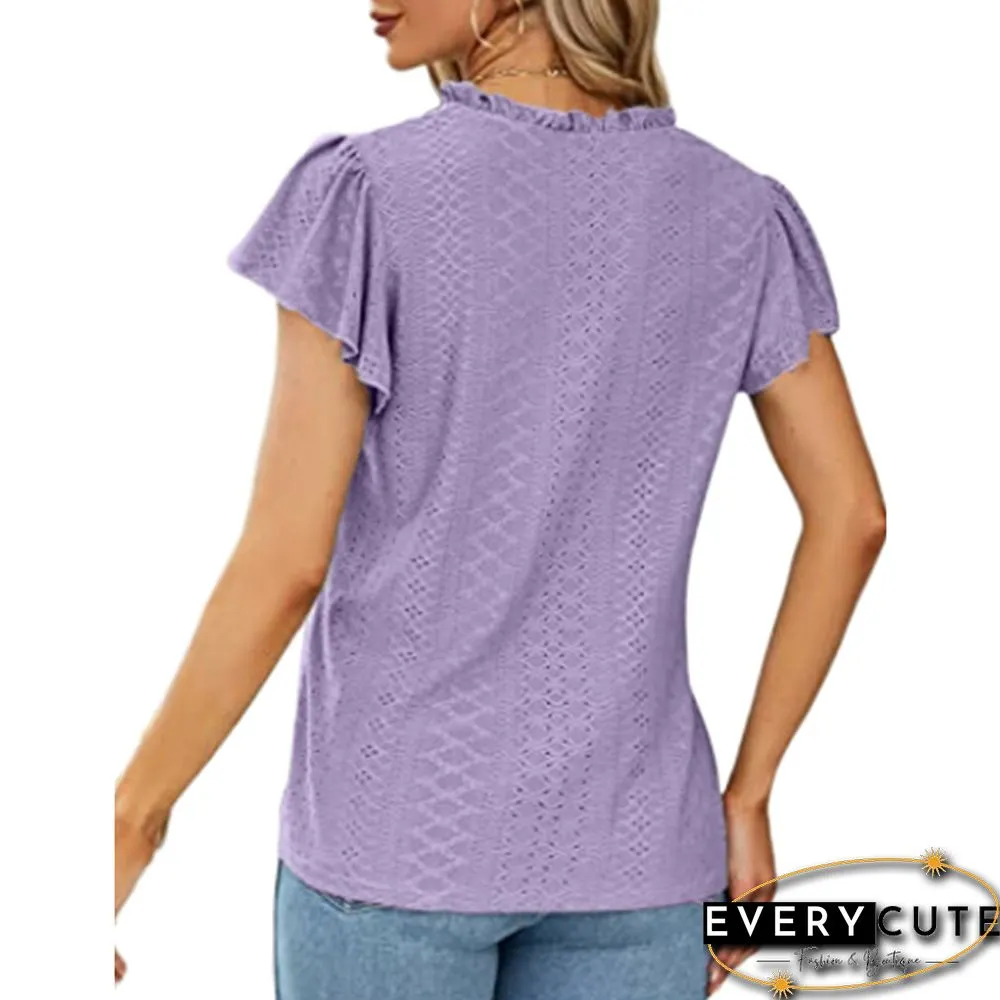 Purple Jacquard V Neck Ruffle Short Sleeve Top