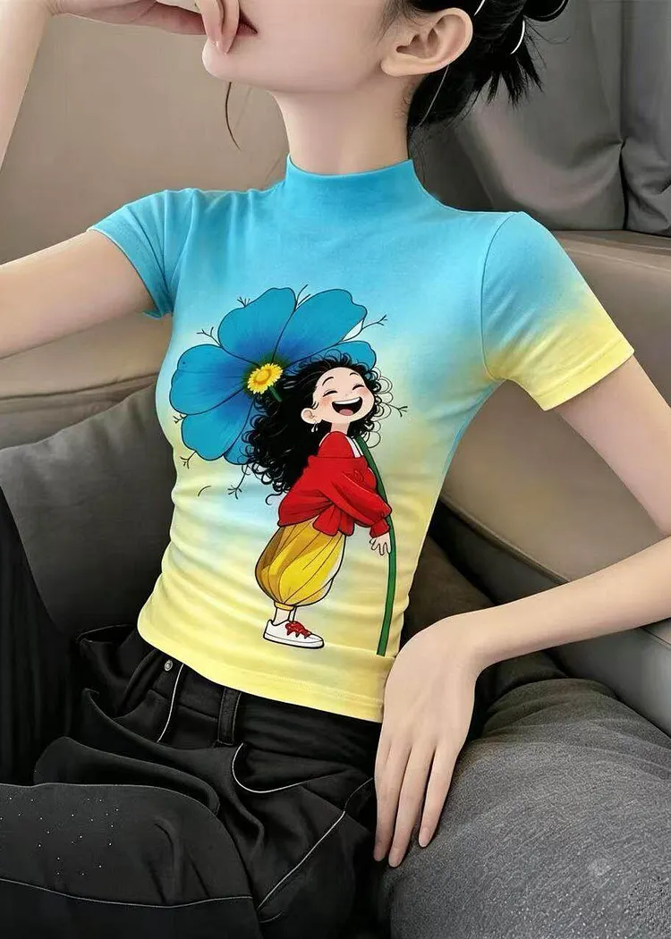 Slim Fit Blue Yellow Turtleneck Girl Print Ice Silk T Shirt Summer