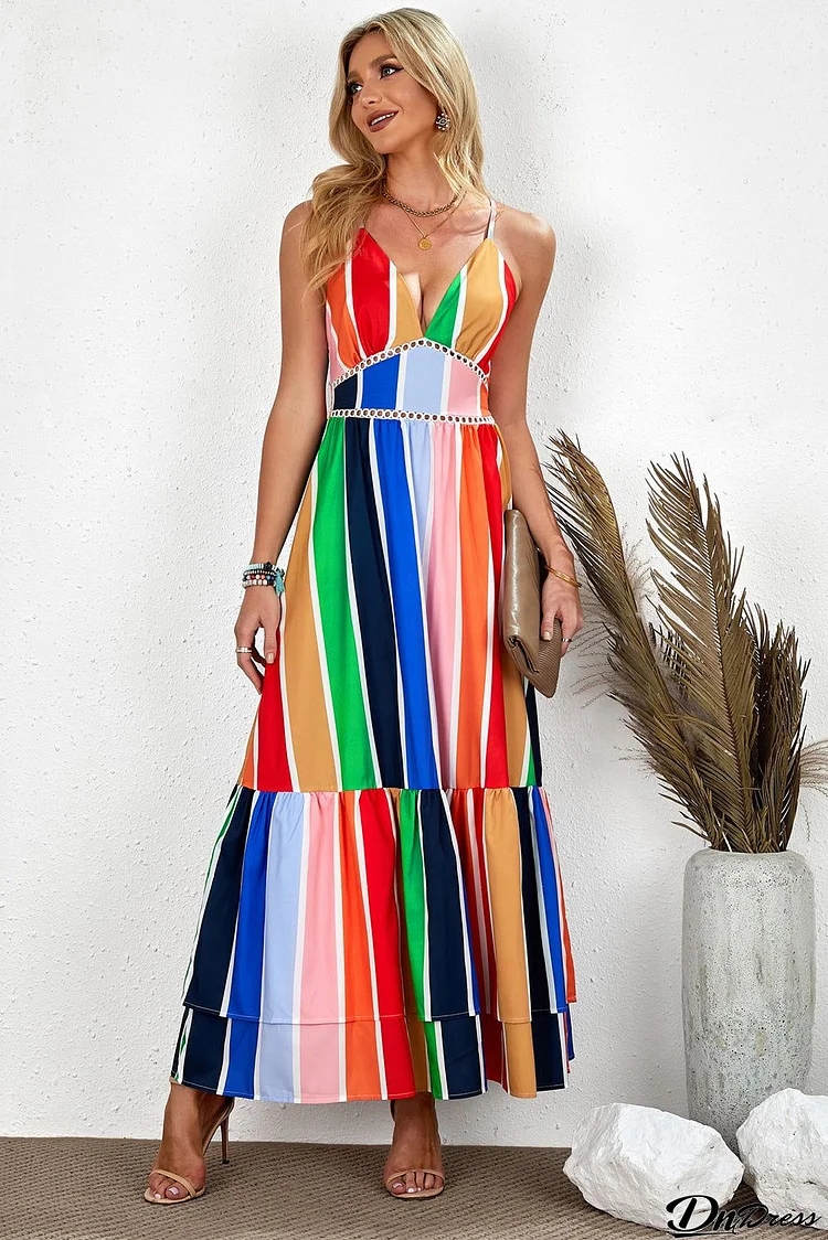 Crochet Insert Multicolor Striped Spaghetti Strap Backless Maxi Dress