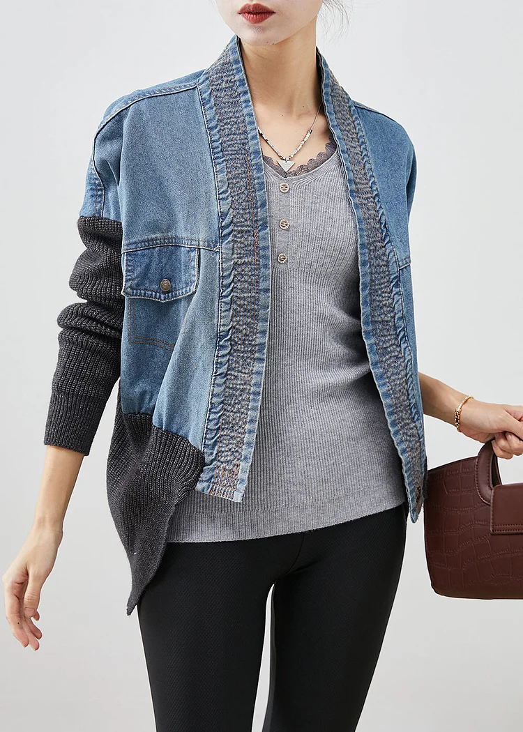 Women Blue Oversized Patchwork Knit Denim Loose Coat Fall