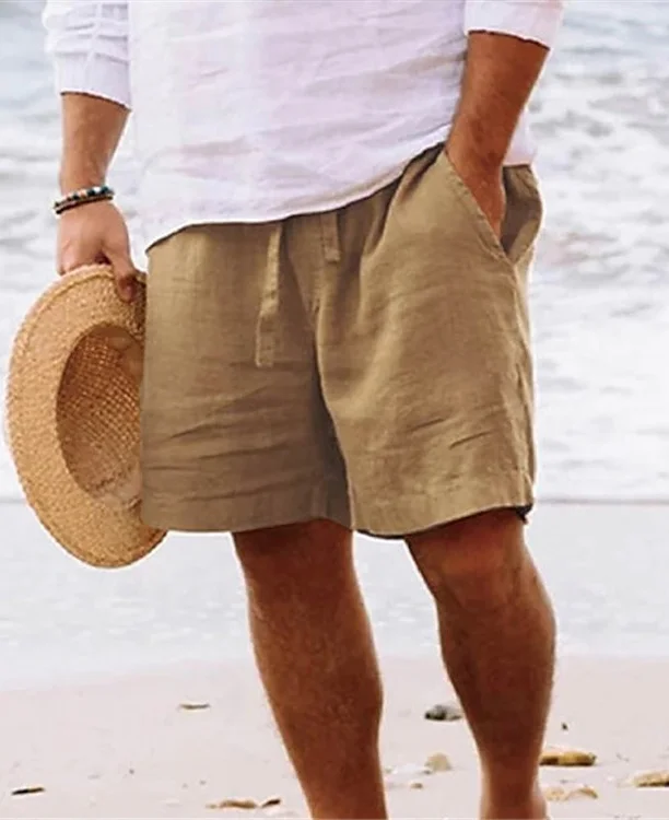 Vacation Linen Elastic Waist Drawstring Pocket Loose Shorts 