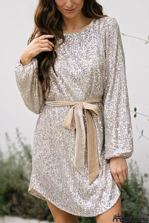 Sequin Belted Long Sleeve Mini Dress