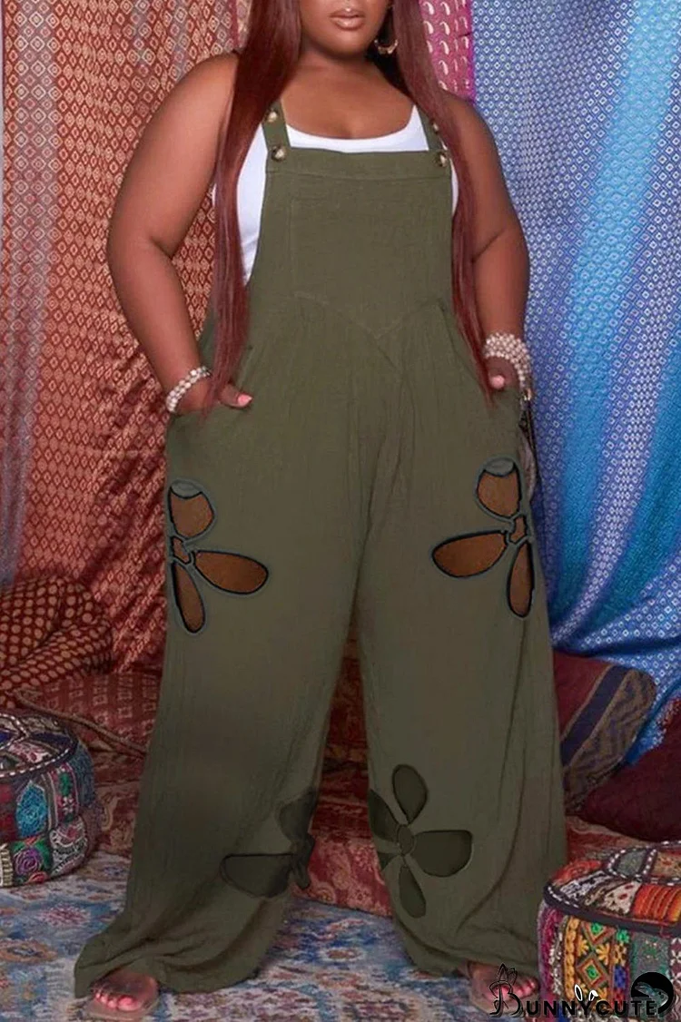 Army Green Fashion Casual Solid Hollowed Out Spaghetti Strap Plus Size Jumpsuits (Without Tops)