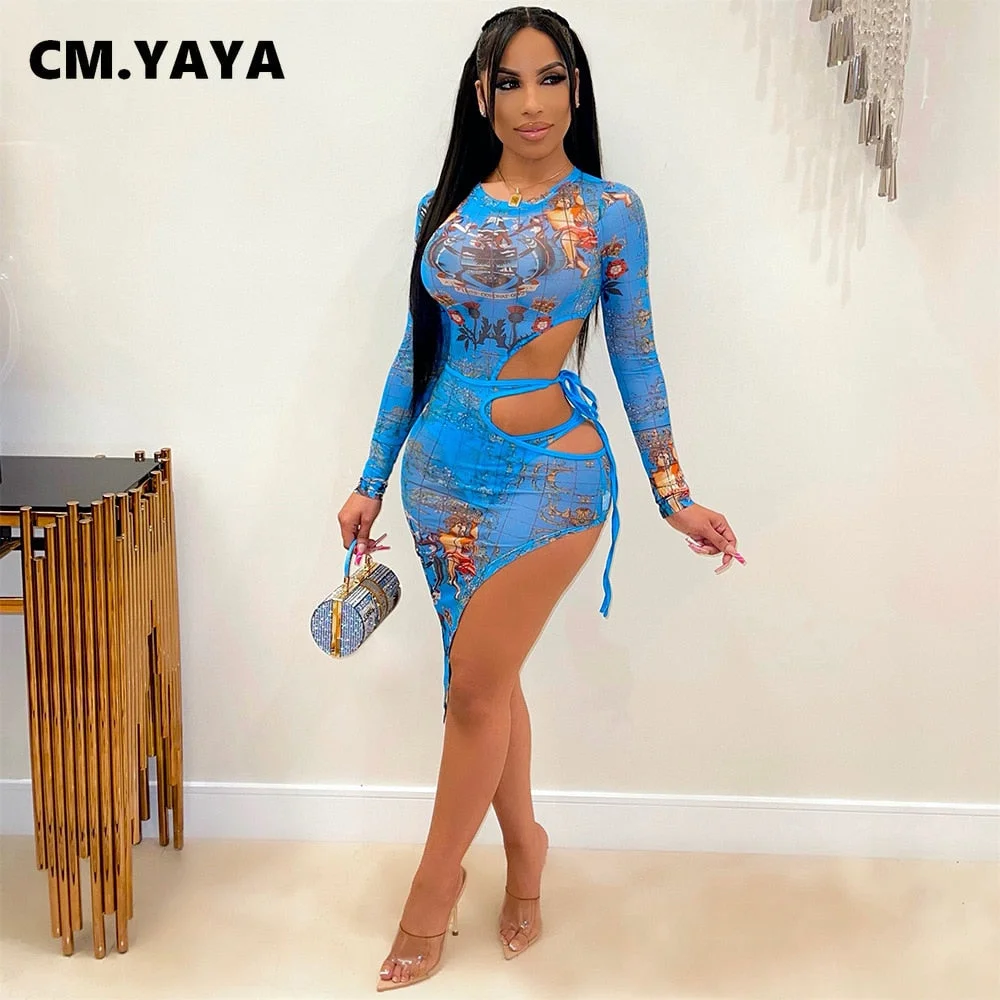 CM.YAYA Mesh Letter Women Two 2 Piece Set  Winter Fall Long Sleeve Bodysuit and Tie Up Side Slit Skirts Suit Beach Outfits