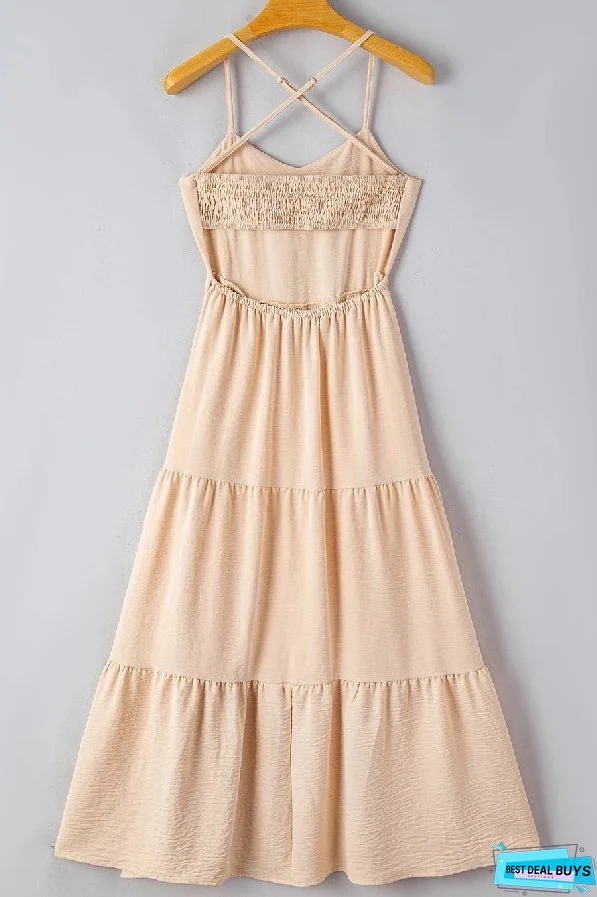 Oatmeal Crossover Backless Bodice Tiered Maxi Dress