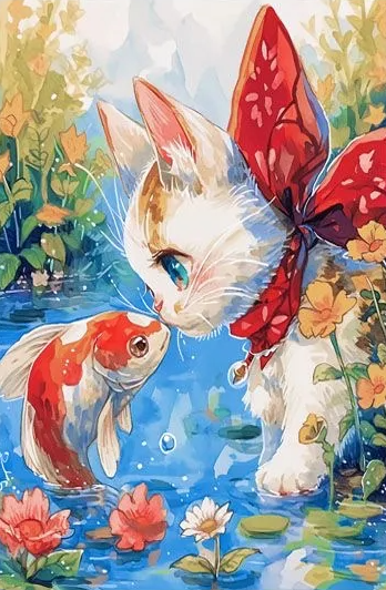 Fish and cat (40*60cm) AB Round Drill Diamond Painting gbfke