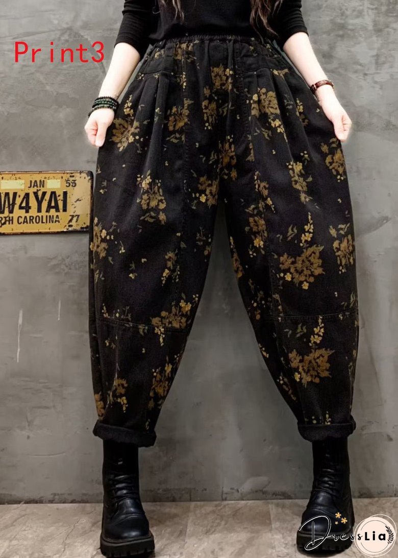Vintage Floral Print Elastic Waist Denim Harlan Pants Autumn