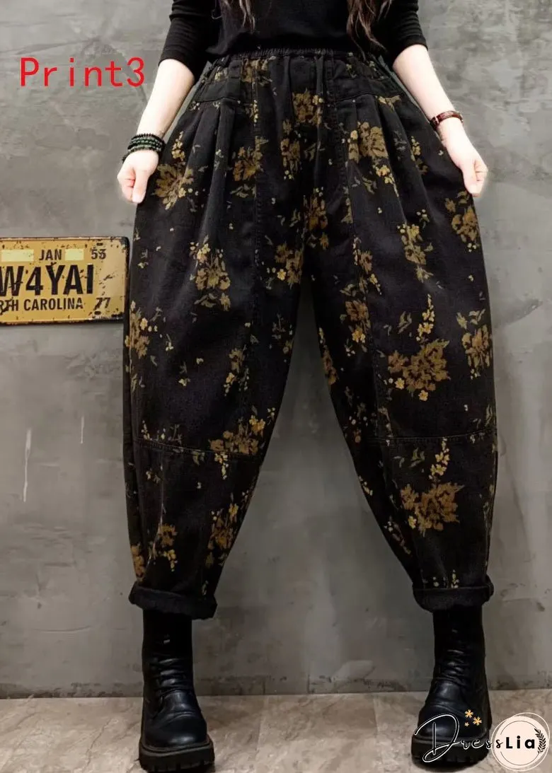 Vintage Floral Print Elastic Waist Denim Harlan Pants Autumn