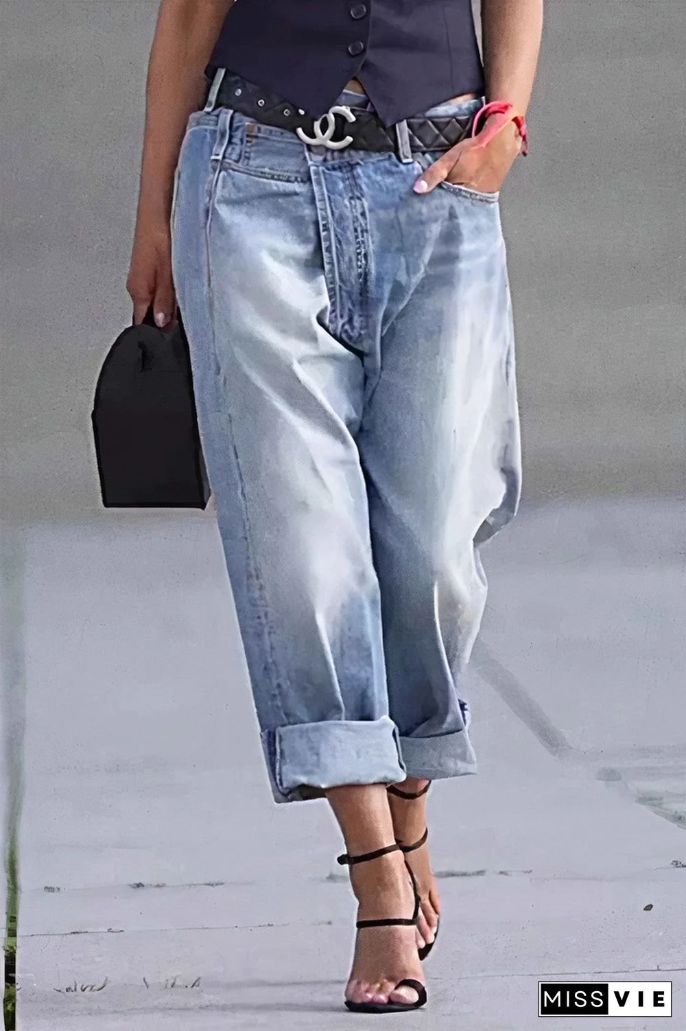 Asymmetrical Waist Mid Rise Straight Leg Jeans Without Belt