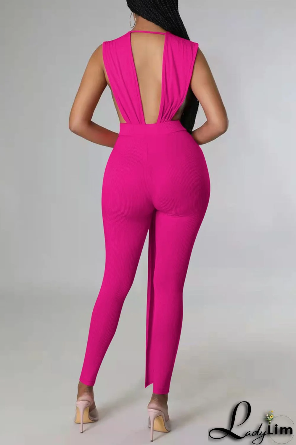 Rose Red Fashion Sexy Solid Patchwork Backless V Neck Skinny Jumpsuits