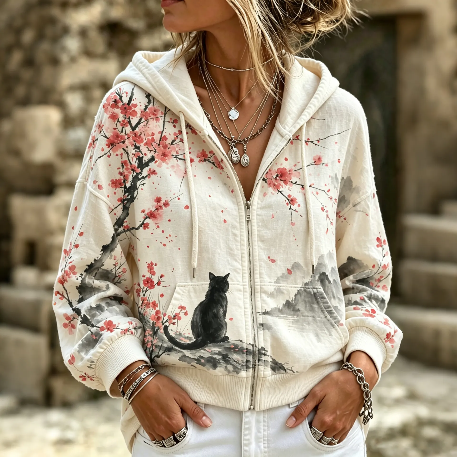 Comstylish Women's Retro Plum Blossom Black Cat Print Zip-up Hoodie