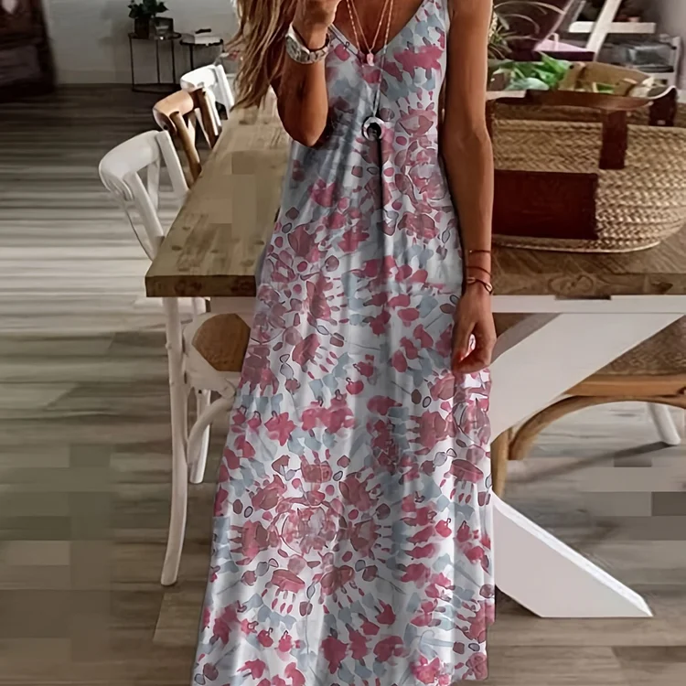 Plus Size Casual Dress, Women's Plus Painting Print V Neck Slight Stretch Cami Maxi Dress